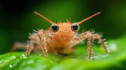 Fototapeta premium This enchanting close-up reveals a tiny insect with large eyes perched on a bright green leaf, inviting viewers to appreciate the intricate details of nature's artistry.
