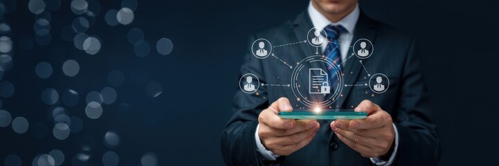 Businessperson interacting with a digital network