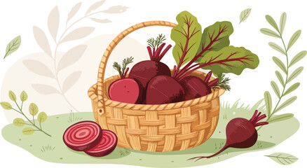 Beetroot in basket in natural background vector design, Beetroot Illustration vector design