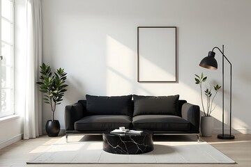 Black Leather Sofa in Minimalist Living Room with Marble Coffee Table                                                                                 