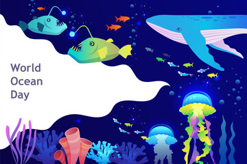World Oceans Day. Jellyfish. Whale. Underwater world. Template for presentation, banner, poster. Frame for text. EPS 10