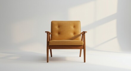 Isolated armchair with wooden frame and yellow upholstery on white backdrop
