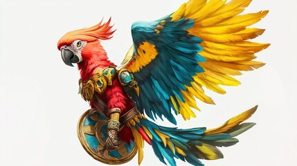 Obraz premium Fiery red & blue macaw warrior in flight, holding shield.
