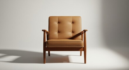 Isolated studio shot of a comfortable tan leather armchair with wooden frame