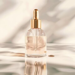 Naklejka premium Elegant glass dropper bottle with gold cap on a smooth surface.