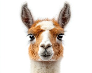 Obraz premium Close-up portrait of a llama against a white background, showcasing its expressive eyes and fur