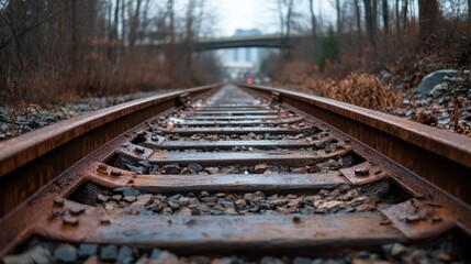 Abandoned railroad tracks surrounded by bare trees create a somber atmosphere, evoking feelings of nostalgia and loss in an industrial yet natural environment.