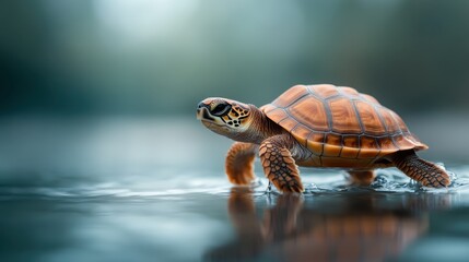 Obraz premium A beautifully detailed sea turtle walks effortlessly on calm waters, symbolizing grace and resilience in nature, inviting viewers to appreciate aquatic life.