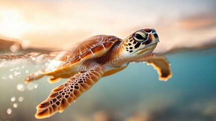 A captivating sea turtle rising towards the sunlit surface of the water, symbolizing hope and freedom while representing the beauty of marine life and ecosystems.