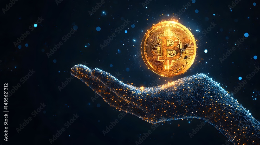 Poster golden bitcoin hovers above a digital hand, showcasing futuristic finance. interconnected lines and 