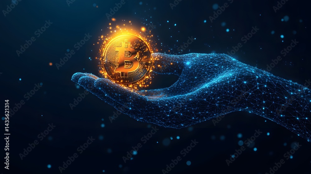 Poster Digital hand presents a radiant Bitcoin, symbolizing crypto currency and technological advancement.Golden coin rests securely in a network. Abstract wireframe in dark blue.