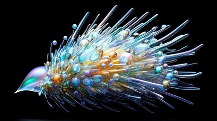 Glassy bird of abstract form iridescent plumage glistens against the stark black backdrop