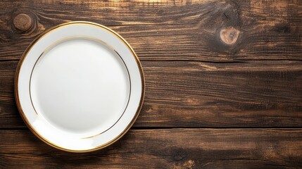 A fine bone china plate featuring exquisite golden details is elegantly displayed against a wooden backdrop that adds a touch of sophistication to any dining arrangement.