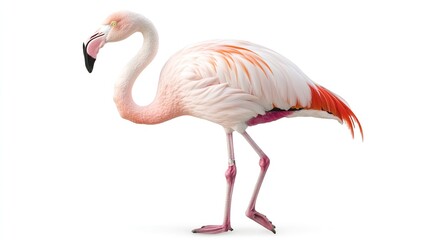 Pink flamingo standing on white background.