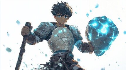 Young warrior holding glowing stone shield.