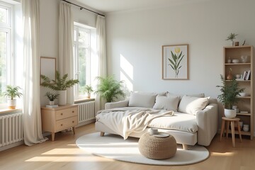 Bright Interior: Beige Sofa with Pillows and Throw Blanket in a Minimalist Living Room on a Sunny Day                                                 