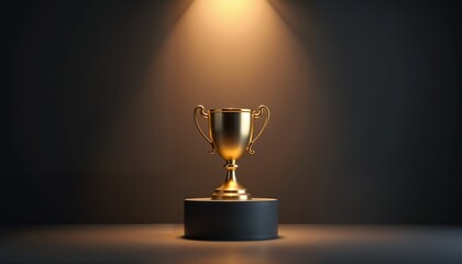 Golden trophy on a pedestal illuminated with dramatic lighting in a dark setting