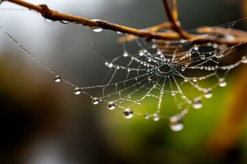 Spiderweb covered in dewdrops hanging from brown branch against an out of focus green background creating a tranquil nature scene