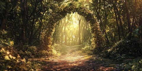 Obraz premium Path of light through forest framed by natural leaf arch