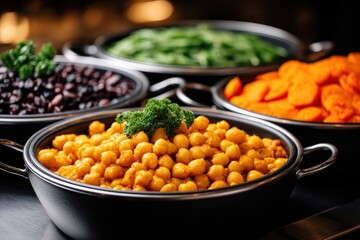 Bowls of legumes beans and chickpeas arranged with vegetables on black surface showing bright natural food textures and health oriented street meal setting focused on nutrition and color