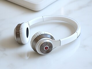 Stylish white headphones resting on a marble surface with a blurred background