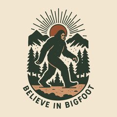 Fototapeta premium Illustration of Bigfoot Walking Through Forest Under Rising Sun