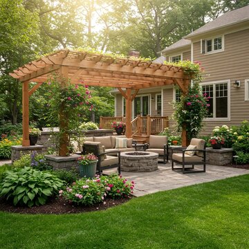 Inviting backyard patio with a wooden pergola covered in vines. Cozy seating surrounds a stone fire pit. Lush landscaping and a well-manicured lawn enhance the scene.