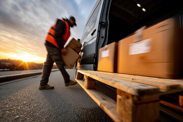 Delivery worker unloading cardboard boxes from a commercial vehicle at dawn, wearing safety vest for logistics and transport service.