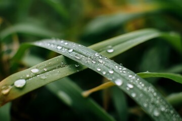 Close-up captures dew drops resting on vibrant green grass blades, showcasing nature's fresh and pure beauty