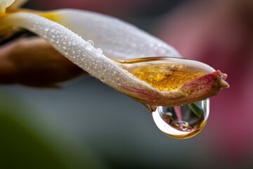 Naklejka premium Close-up showing the delicate petal of a plumeria flower with water droplets clinging and a large drop hanging from its tip