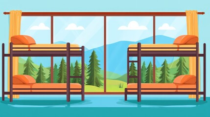 Cozy bunk beds with scenic window view of mountains and trees