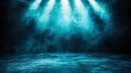 An ethereal blue foggy stage illuminated by soft lighting, creating a captivating and mysterious atmosphere, ideal for performances and artistic displays.