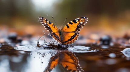Obraz premium A vibrant orange butterfly gracefully splashes in shallow water, creating ripples and capturing the essence of nature's delicate beauty and vibrant life.