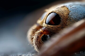 Fototapeta premium Extreme Close-up of Moth Head Featuring Prominent Eye, Bristles, and Scale Texture in Muted Natural Tones