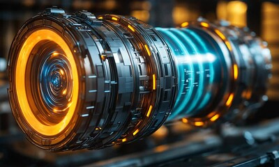 Futuristic rotating energy core glowing with orange and cyan lights in a dark sci-fi environment. Concept of advanced technology - Powered by Adobe