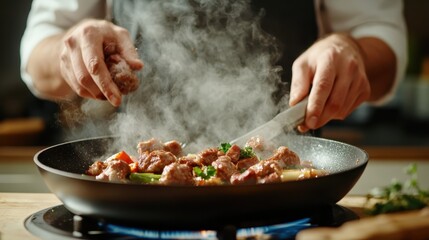 A dedicated chef adds seasoning to a sizzling dish in a pan, highlighting attention to flavor and the joy of cooking delicious meals to share with others.