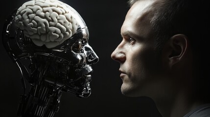 Humanoid robot face and man profile futuristic concept artificial intelligence ai head grey dark tech