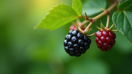 Ripe blackberries and unripe berries on a leafy branch against a soft green background create a vibrant display of natural growth in this close-up shot