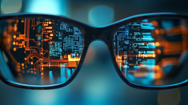 Abstract digital code reflection in stylish eyeglasses modern technology data blue dark glow cyber