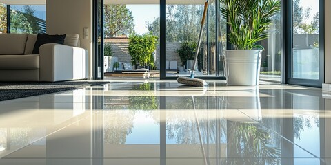 Polished tiles reflecting a mop and bucket in an elegant living room