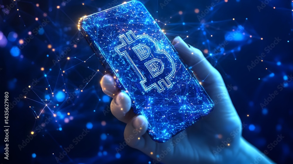Poster A smartphone displays a Bitcoin symbol amidst a futuristic network of lights. The bokeh background enhances the focus on digital currency and technology. Abstract wireframe in dark blue