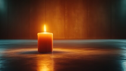 A solitary orange candle creates a captivating reflection on a smooth surface, filling the room with warmth and light, ideal for creating an inviting atmosphere.