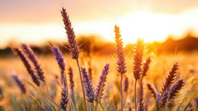 Golden wheat spikes illuminated by the warm glow of the setting sun, embodying the essence of nature's bounty and the transformative power of light in agriculture.