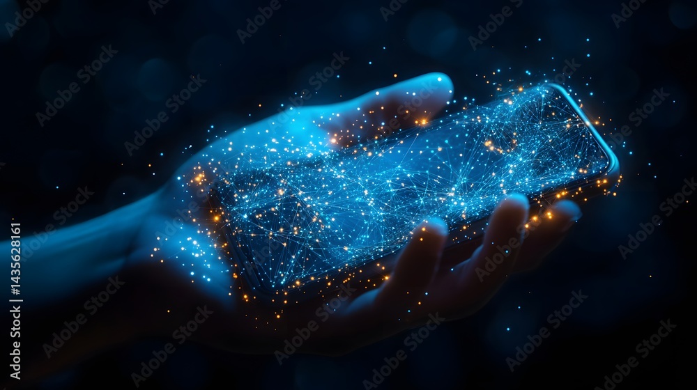 Leinwandbilder A smartphone in hand glows with connected data streams under cool light. The device symbolizes global communication and network activity. Abstract wireframe in dark blue.