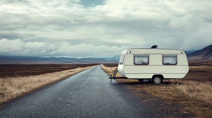 Obraz premium A caravan parked along the road's edge 