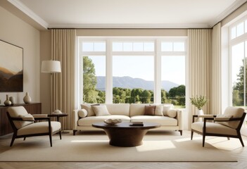 Fototapeta premium Living room with sofa chair coffee table and a large window
