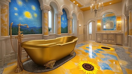 Luxurious Golden Bath with Sunflowers Decor.