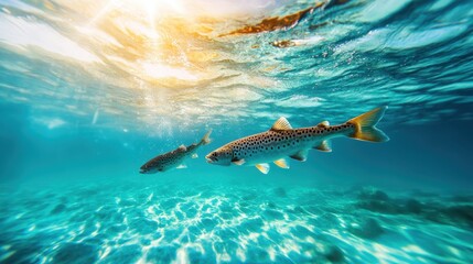 This mesmerizing image depicts two brown trout swimming gracefully through clear waters, highlighting the peace and beauty of underwater life within its natural environment.