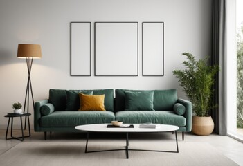 Living room with green sofa and coffee table