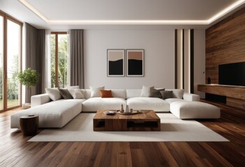 Living room with large cutaway sofa and coffee table